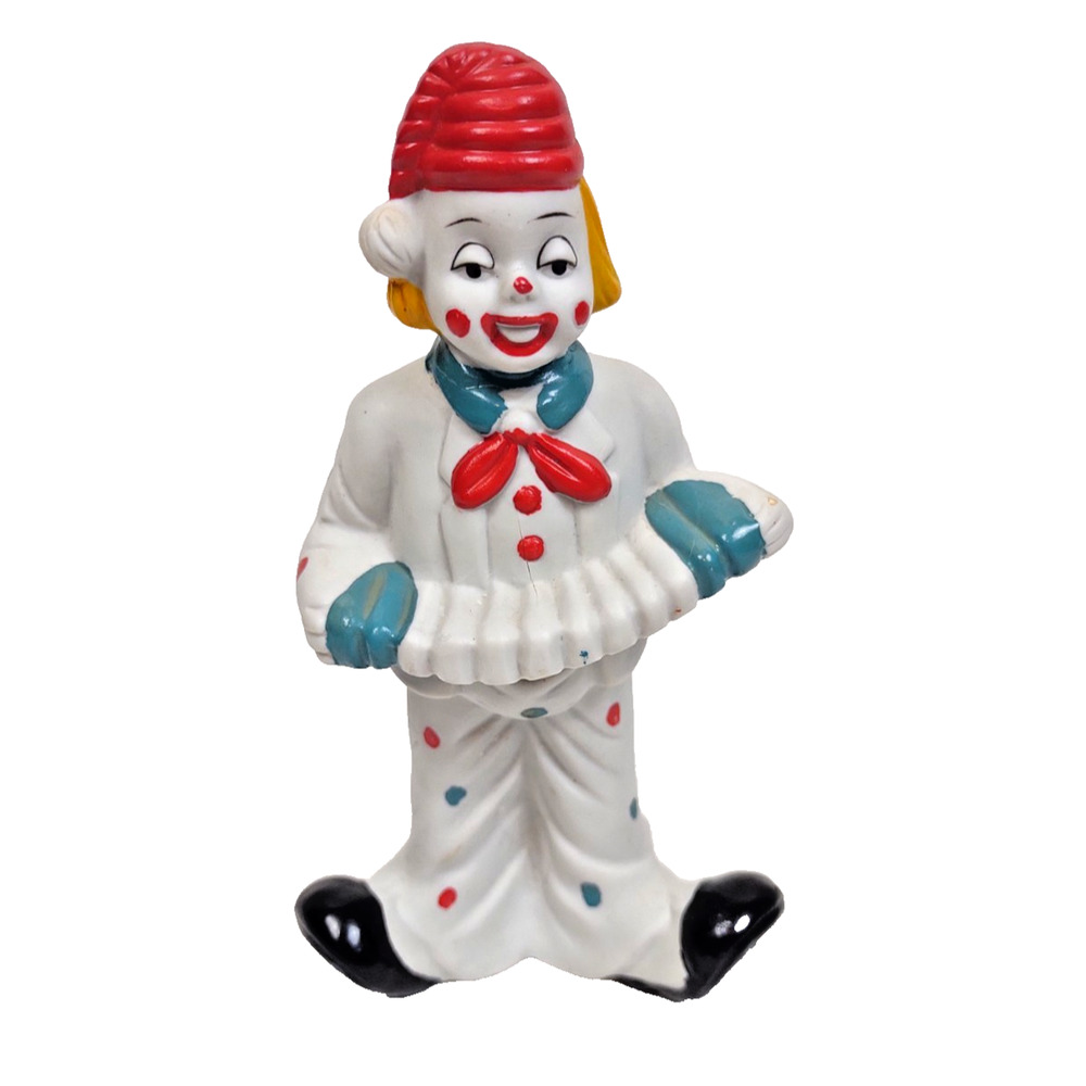 Vintage Bisque Porcelain Clown Playing An Accordion Figurine Taiwan 6.5” Tall